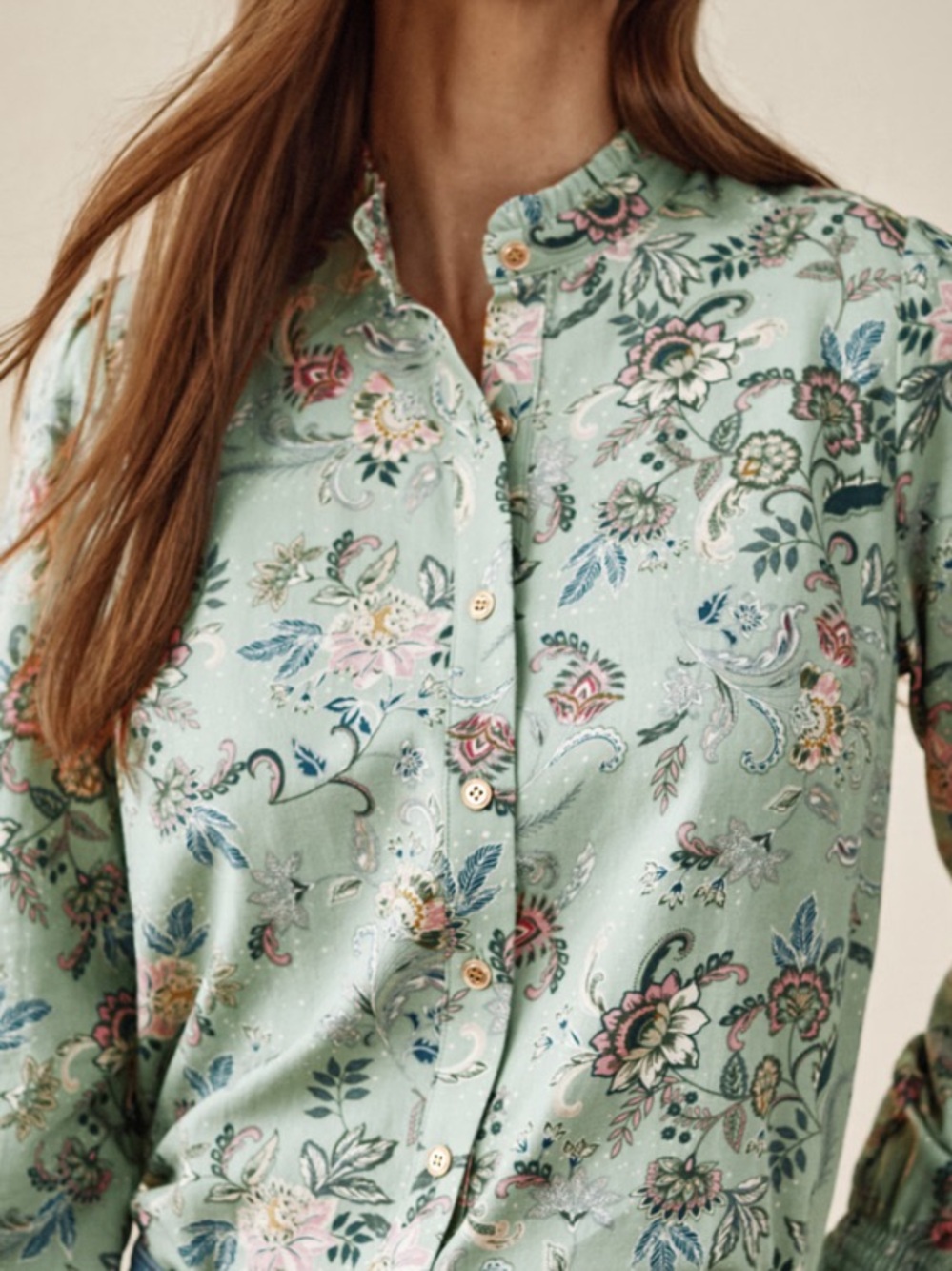 J. Jill Ruffle Neck Floral Smocked Cuff Blouse Small Petite NWTS